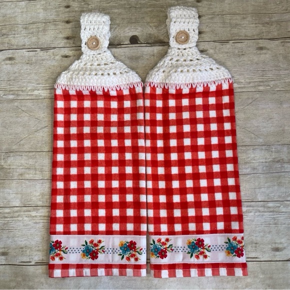 Pioneer Woman Crochet Top Hanging Towels Set Single Thickness Bottom Border - Picture 1 of 8